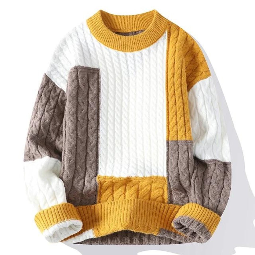 Men's vibrant color block crew neck sweater, a stylish and warm knit for fall & winter casual fashion.