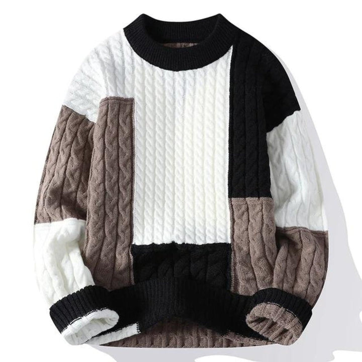 Stylish men's cable knit color block crew neck sweater, perfect for a cozy, warm fall & winter look.