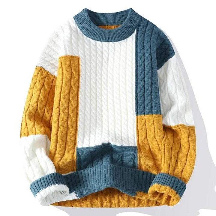 Casual men's long sleeve color block crew neck sweater, a versatile knit for stylish fall & winter menswear.