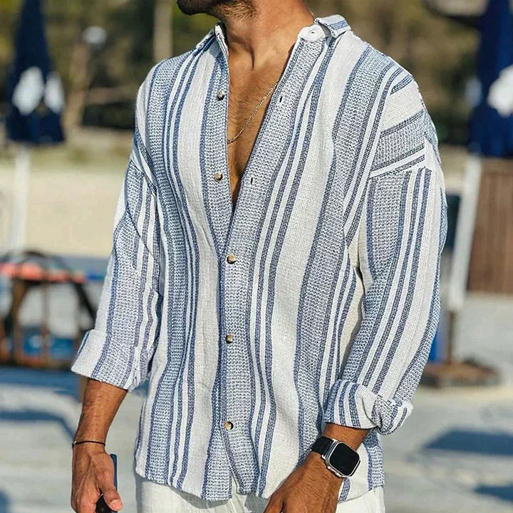 Men's vintage blue and white striped casual summer shirt, lightweight cotton blend