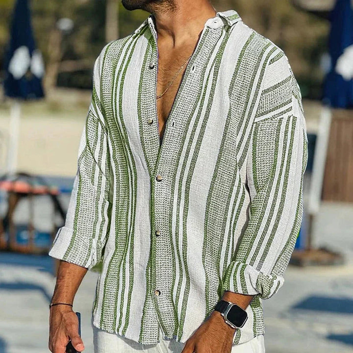 Model wearing a men's lightweight striped summer shirt, relaxed fit