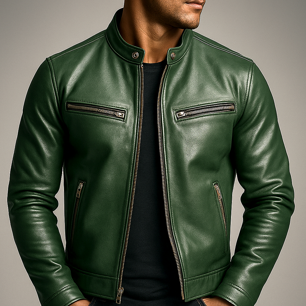 Men's vintage brown leather bomber jacket, classic fit outerwear for urban style.