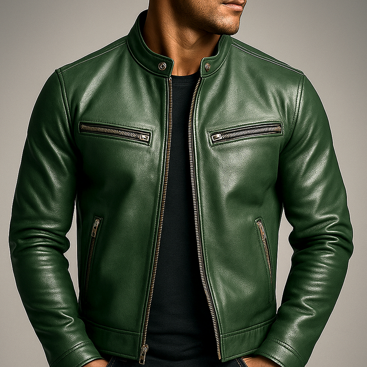 Men's vintage brown leather bomber jacket, classic fit outerwear for urban style.