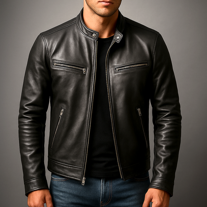 Close-up of a men's genuine leather jacket showing textured vintage detailing.