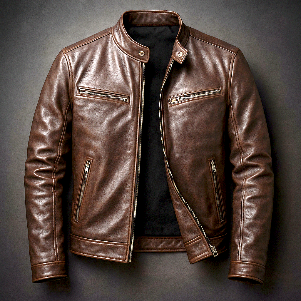 Back view of a men's timeless leather jacket, showcasing its classic fit and design.