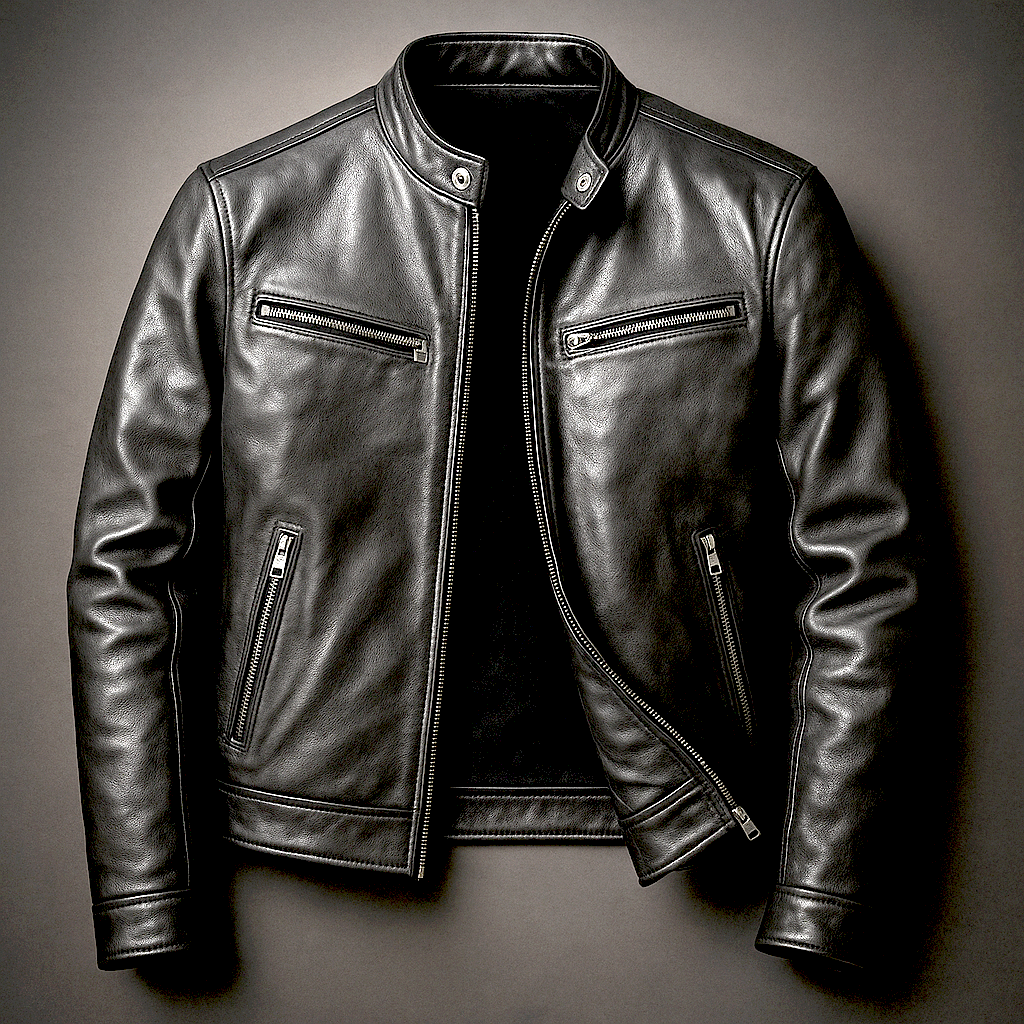 Detail shot of men's vintage leather jacket zipper and cuff, durable quality.