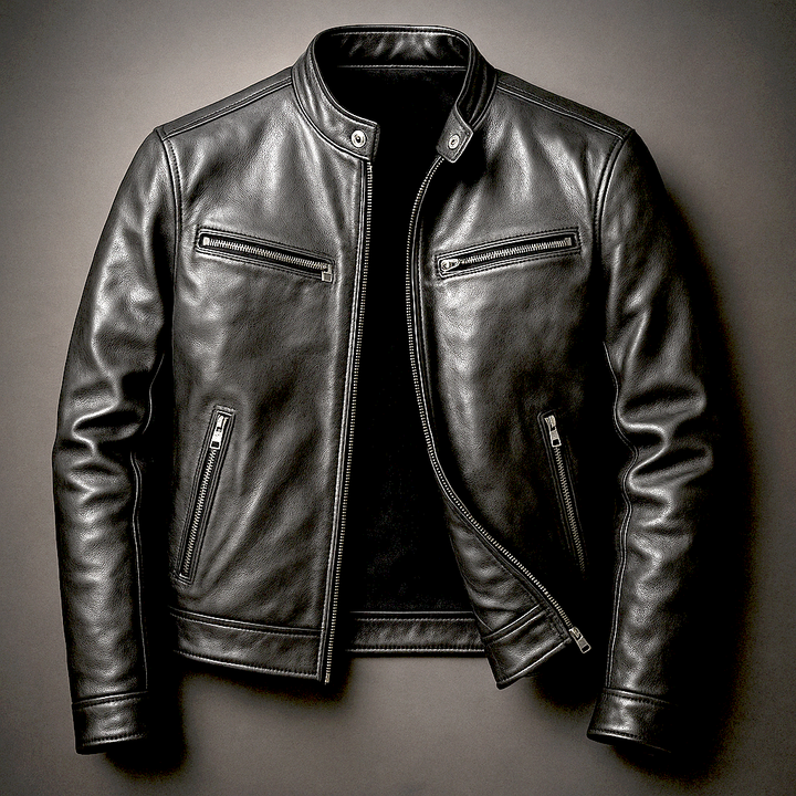 Detail shot of men's vintage leather jacket zipper and cuff, durable quality.