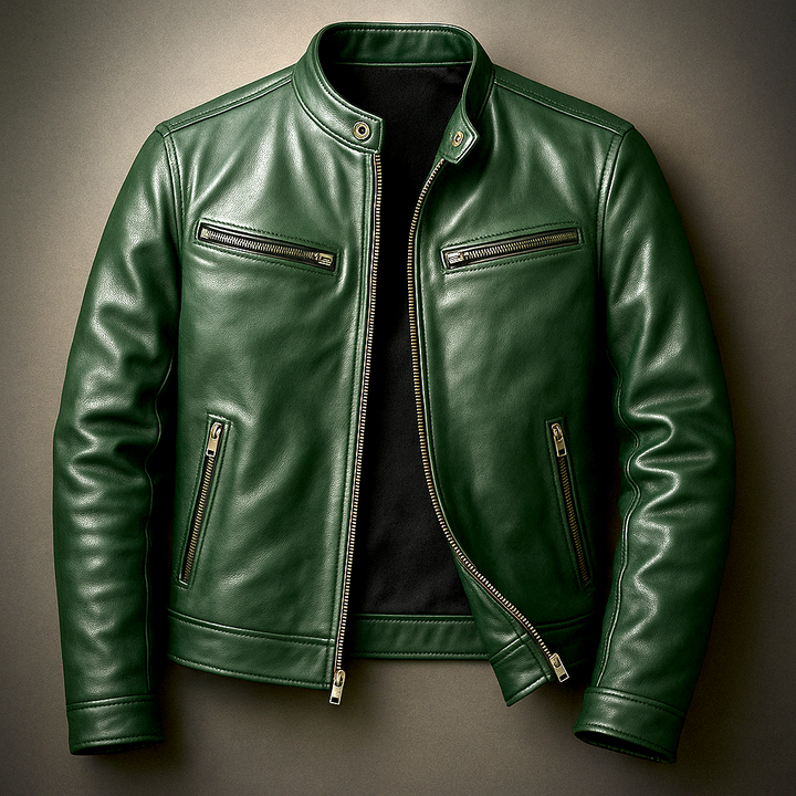 Model poses in a men's casual leather bomber jacket, offering all-day comfort.