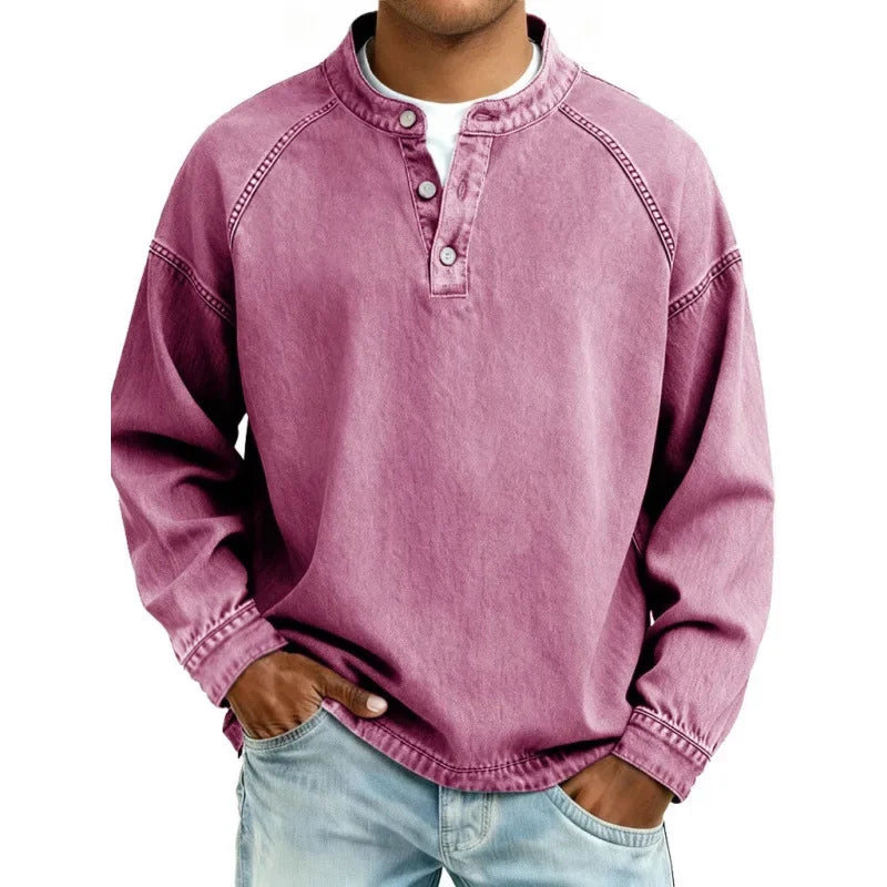 Men's vintage long sleeve shirt featuring prominent buttons, offering a timeless casual style.