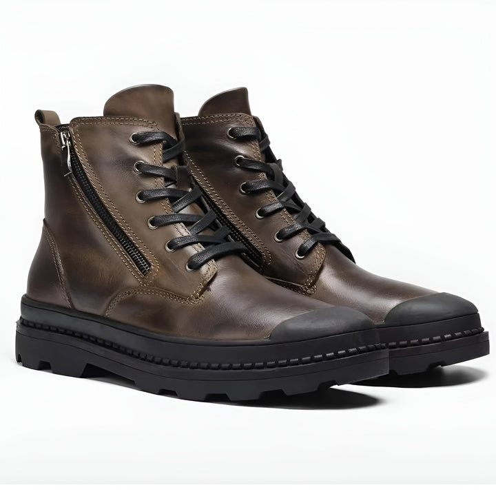 Men's vintage combat boots, durable leather with lace-up and zip for winter adventures.