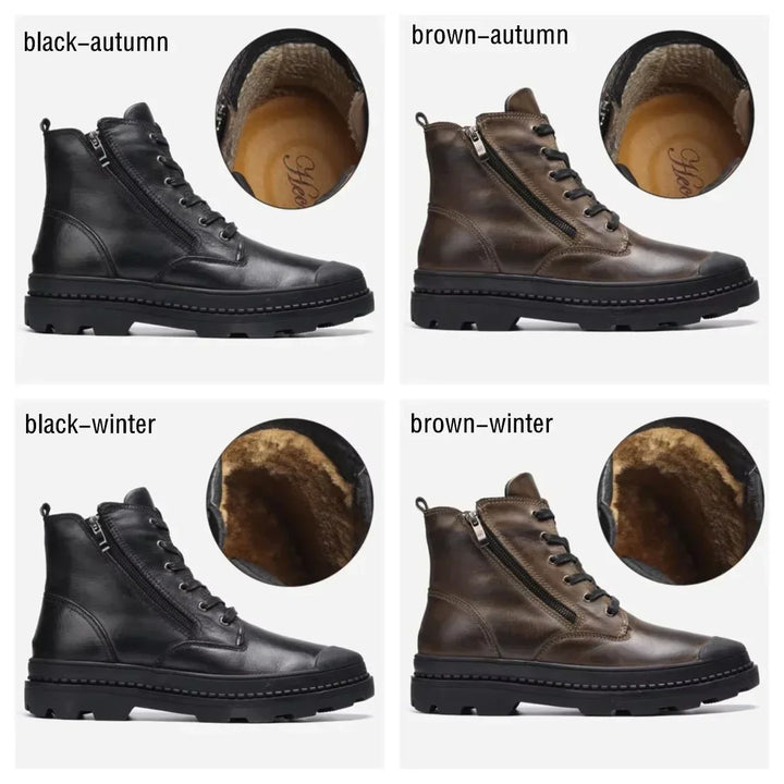 Men's sturdy vintage combat boots in leather, designed for warmth and durability with lace & zip.
