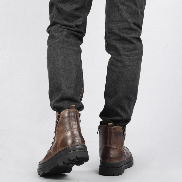 Stylish men's vintage combat boots, leather design with lace-up and zip for sturdy wear.