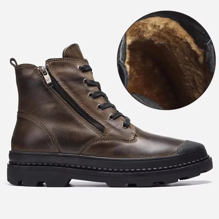 Men's vintage leather combat boots with both lace-up and zip closure for secure, easy wear.
