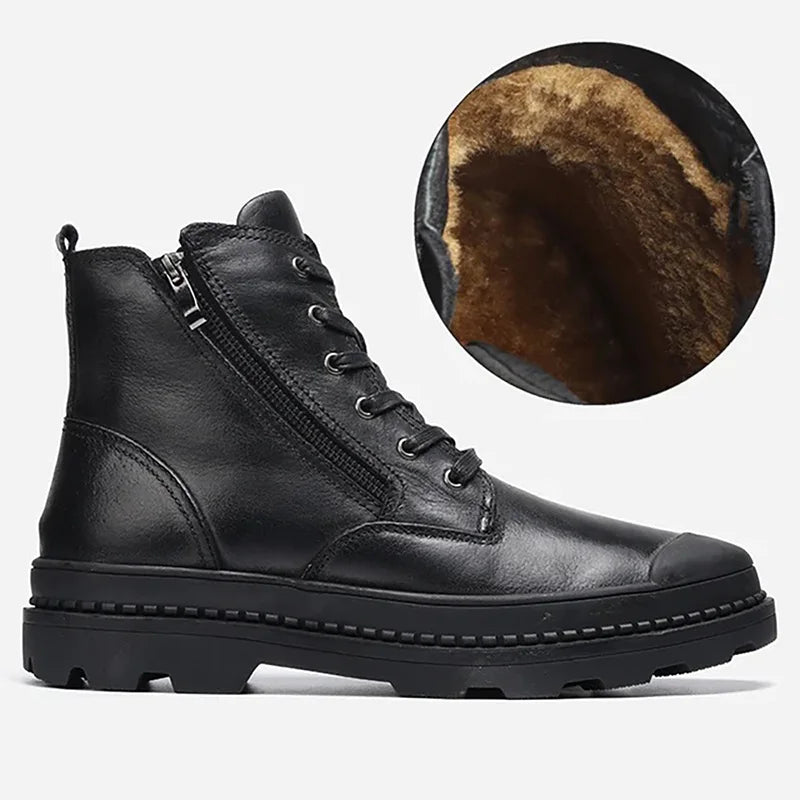 Warm & durable men's vintage leather combat boots, featuring lace-up security and zip convenience.