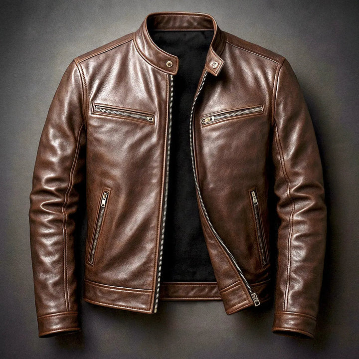 Men's vintage faux leather quilted biker jacket. Zip-up outwear coat with stylish band collar, ideal for casual look.