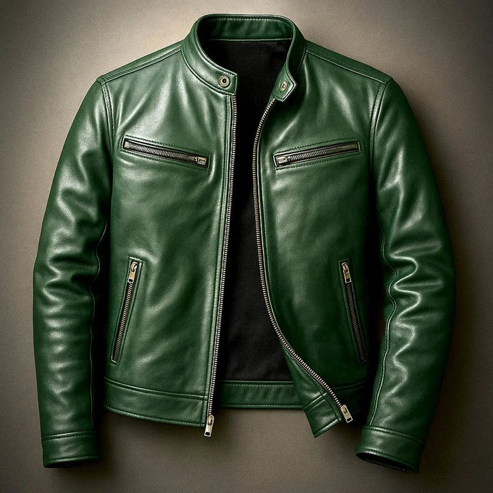 Classic men's quilted biker jacket in faux leather. Vintage style zip-up coat with band collar for modern fashion.