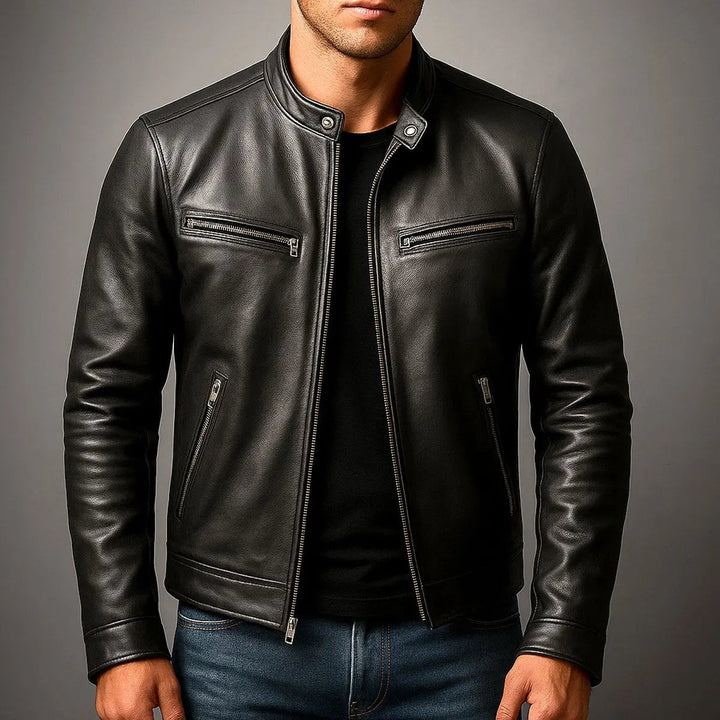 Versatile men's vintage quilted faux leather biker jacket. Zip-up design and band collar for a stylish winter/fall coat.
