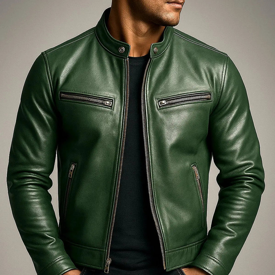 Men's casual vintage quilted faux leather biker jacket. Full zip-up outwear coat, ideal for modern urban style.