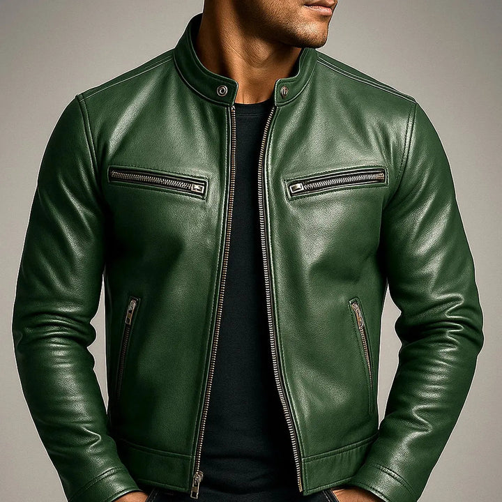 Men's casual vintage quilted faux leather biker jacket. Full zip-up outwear coat, ideal for modern urban style.