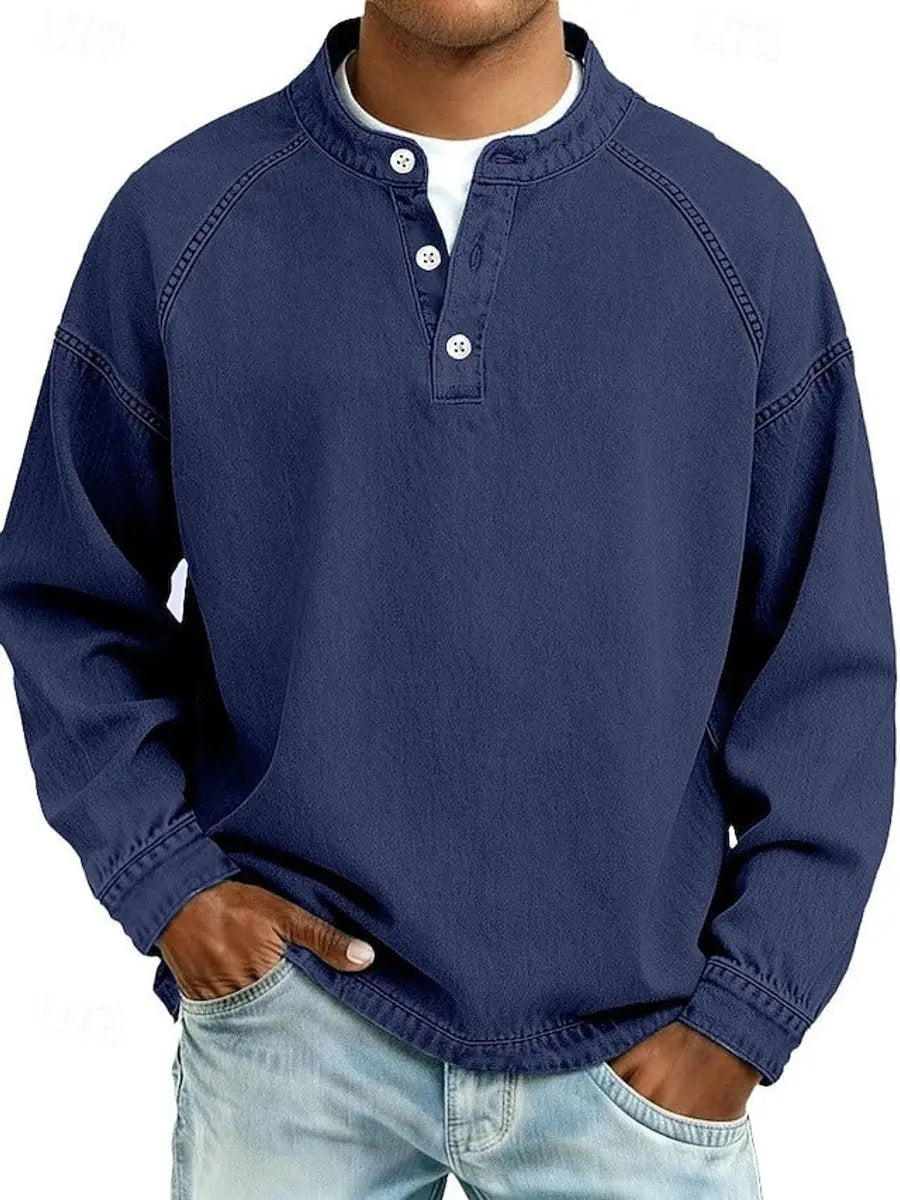 Comfy men's vintage Henley long sleeve pullover sweater, ideal for casual layering.