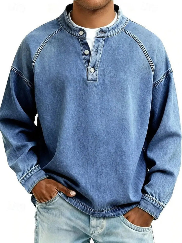 Men's long sleeve Henley pullover sweater featuring a stylish button placket.