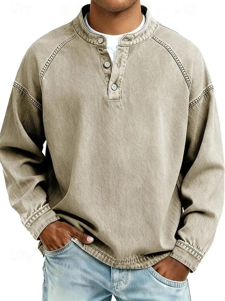 Soft men's vintage Henley long sleeve pullover, perfect casual sweater for men's apparel.