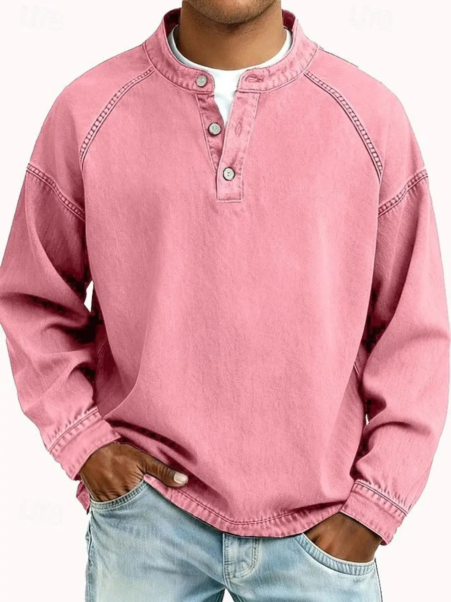 Stylish men's vintage Henley long sleeve pullover for daily casual fashion.