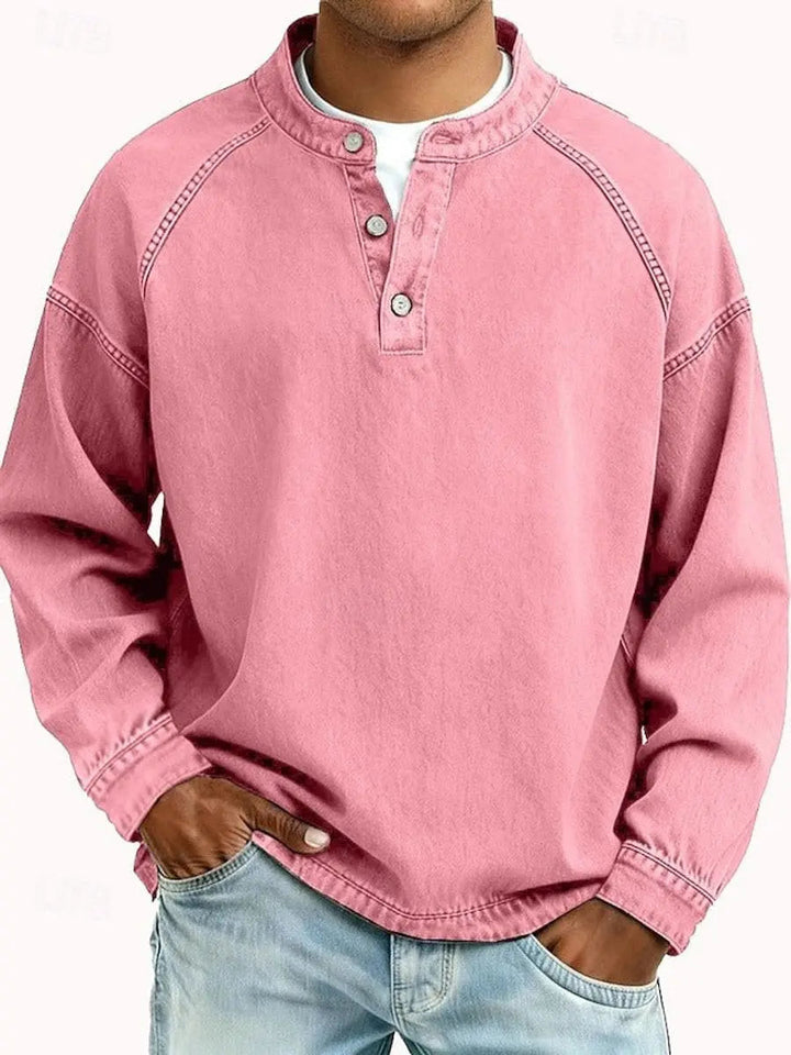 Stylish men's vintage Henley long sleeve pullover for daily casual fashion.