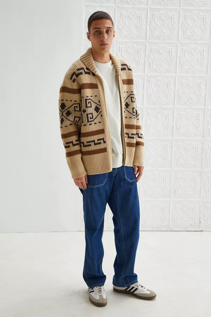 Classic men's vintage jacquard cardigan with a full zipper, perfect for stylish layering & warmth.