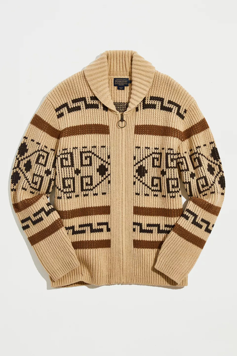 Retro men's jacquard cardigan featuring a full zipper and classic shawl collar. Ideal for cool weather.