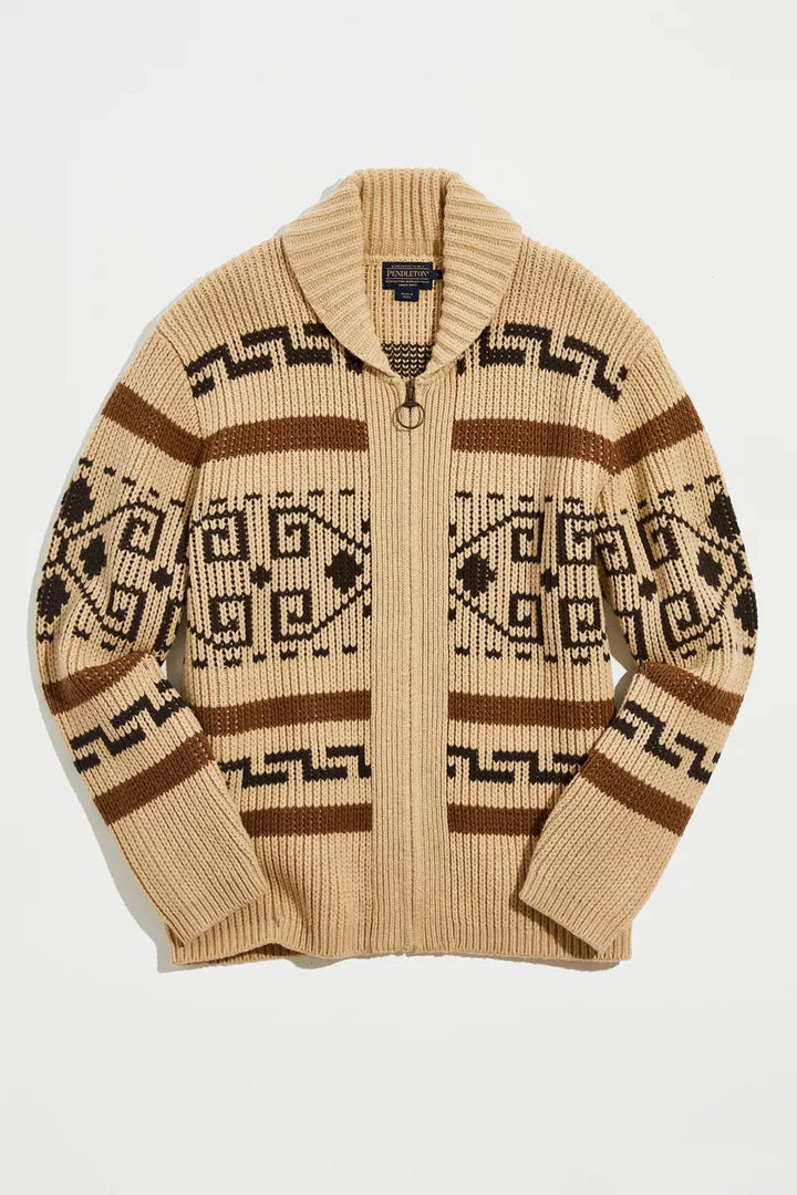 Retro men's jacquard cardigan featuring a full zipper and classic shawl collar. Ideal for cool weather.