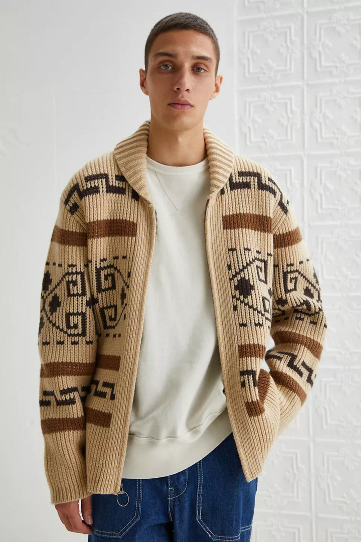 Stylish men's vintage jacquard knit cardigan with a zipper. Comfortable fall & winter classic menswear.