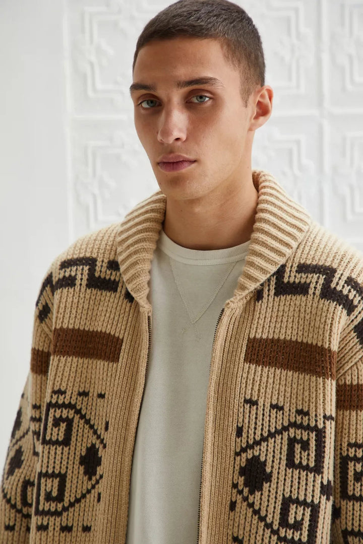 Versatile men's vintage jacquard zipper cardigan. Classic knit with a cozy shawl collar for retro layering.