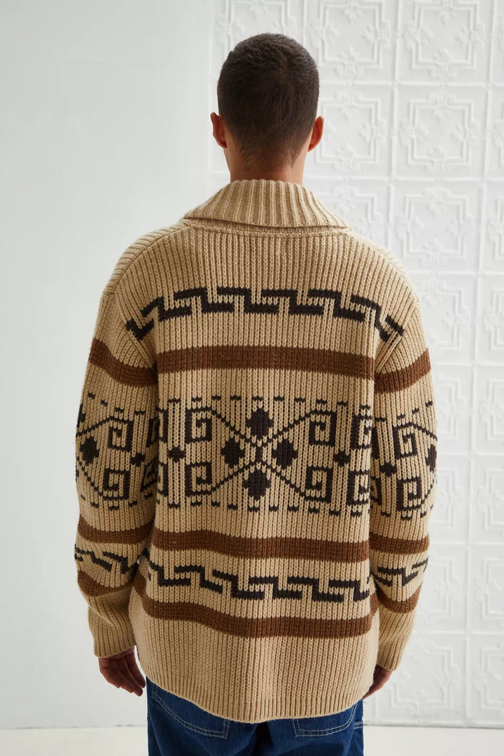 Men's classic vintage jacquard zipper cardigan. Stylish and warm for fall outfits & comfortable layering.