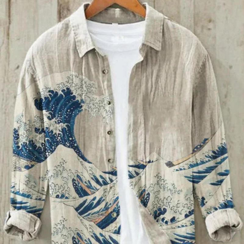 Men's vintage Japanese art print summer shirt, short sleeve button-up. Ideal for casual wear & summer fashion.