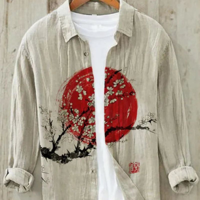 Stylish men's vintage Japanese art summer shirt, perfect for vacation, beach, or resort wear. Short sleeve button-up.