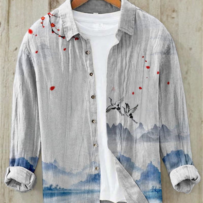 Men's casual short sleeve button-up shirt featuring a vibrant vintage Japanese art print. Great for summer wear.