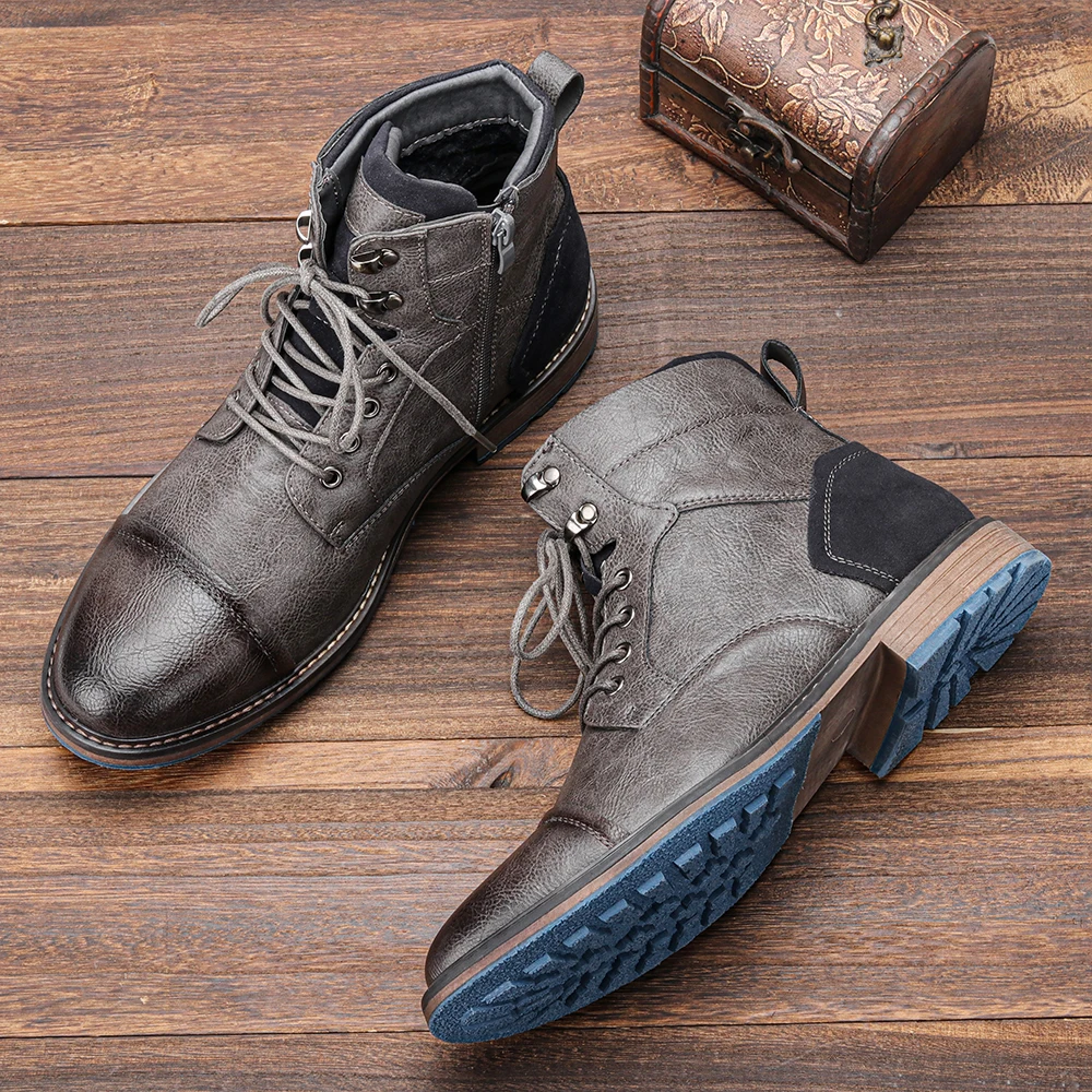 Front view of men's classic lace-up leather boots