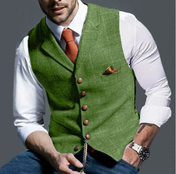 Close-up of the detailed lapel collar on a men's vintage waistcoat, smart casual