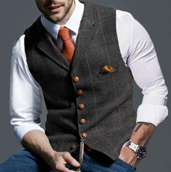 Back view of a classic men's waistcoat with adjustable straps, vintage menswear