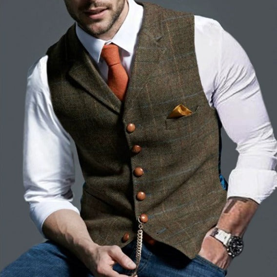 Model showcasing a smart casual vintage waistcoat, a versatile addition to any wardrobe
