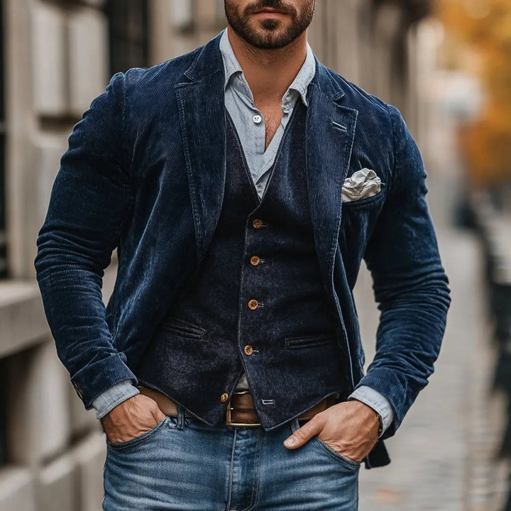 Men's vintage layered gilet and blazer set. Smart casual autumn/winter fashion outerwear for a sophisticated look.