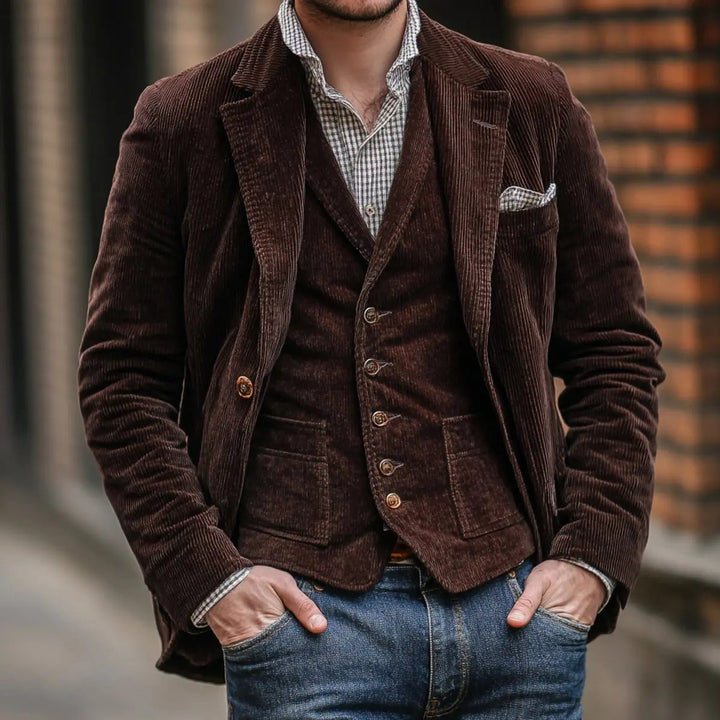 Stylish men's vintage blazer and waistcoat set. Perfect layered smart casual outerwear for autumn and winter fashion.