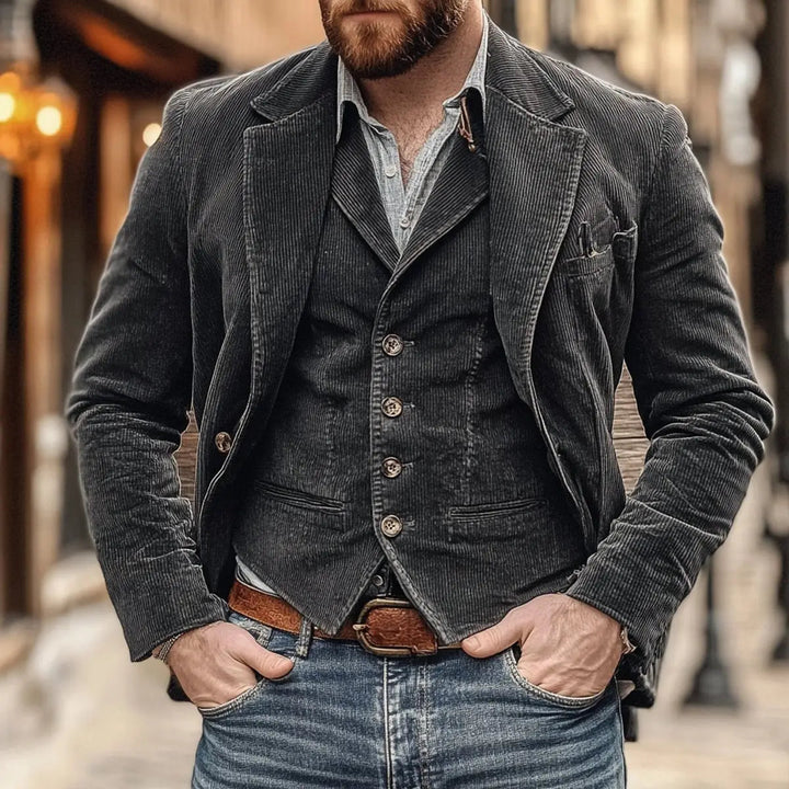 Elegant men's vintage layered gilet & blazer set. Ideal smart casual menswear, perfect for autumn/winter style.