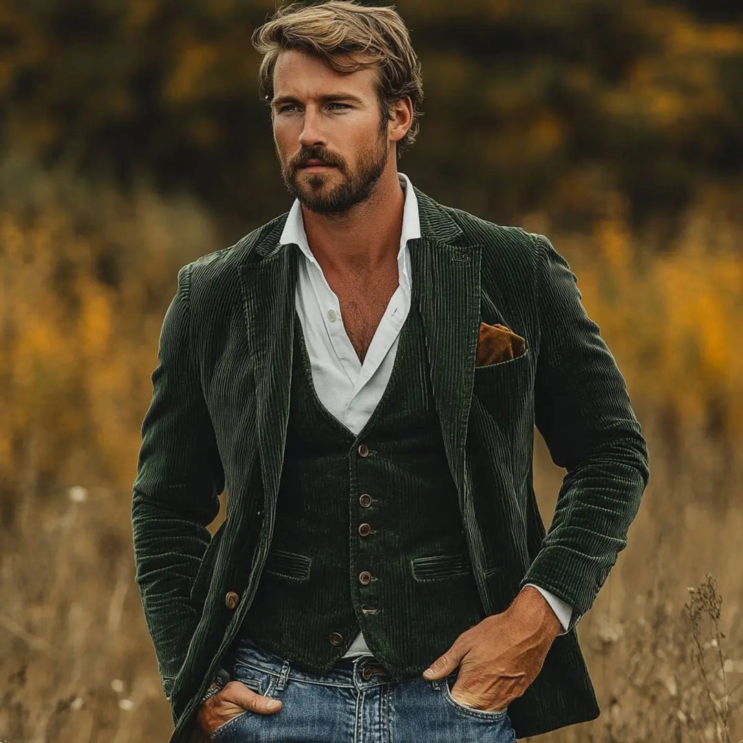 Fashionable men's vintage layered blazer & gilet set. Versatile smart casual outerwear for modern autumn/winter style.