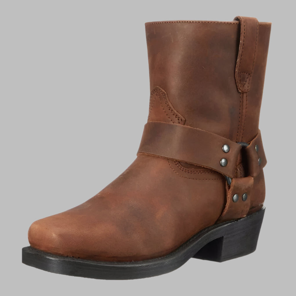 Men's vintage leather western boots with ornate stitching for timeless cowboy style.