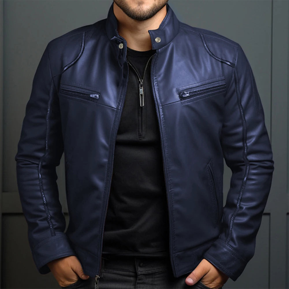 Men's vintage motorcycle jacket, black leather-like, with zipper closure & stand-up collar. Timeless biker style.