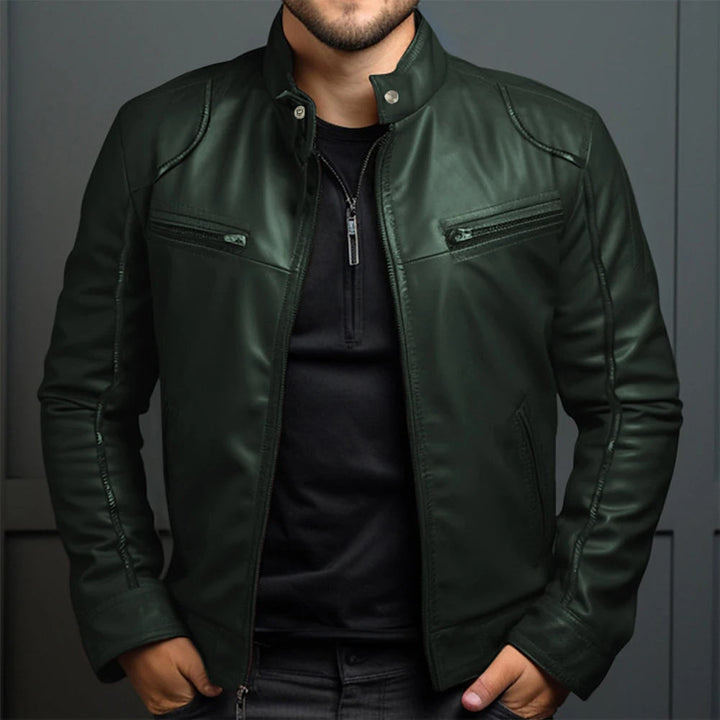 Retro men's motorcycle jacket, perfect fall outerwear. Durable & cozy, with classic vintage style for everyday wear.