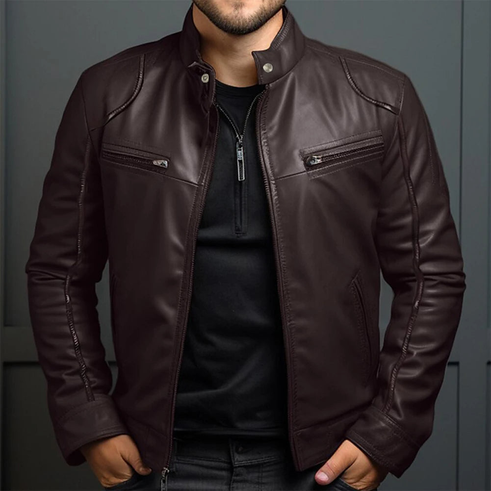 Stylish men's biker jacket, vintage-inspired for versatile cool weather fashion. Durable with stand-up collar & zipper.