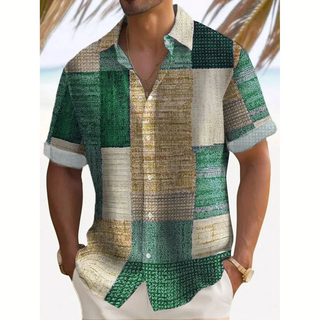 Warm weather men's vacation shirt. Vintage patchwork, short sleeve, relaxed fit for beach & casual outfits.